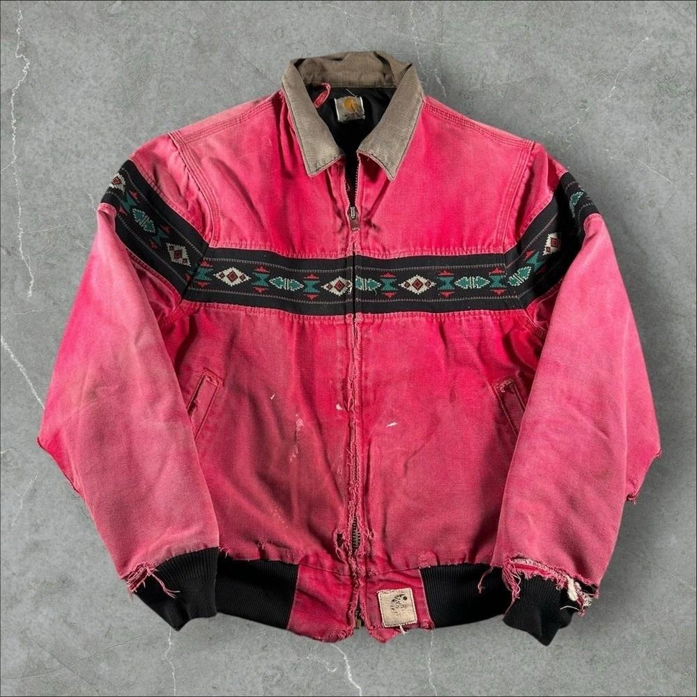 Vintage Carhartt Jacket Mens Medium Red Sante Fe Aztec Distressed Thrashed Fade